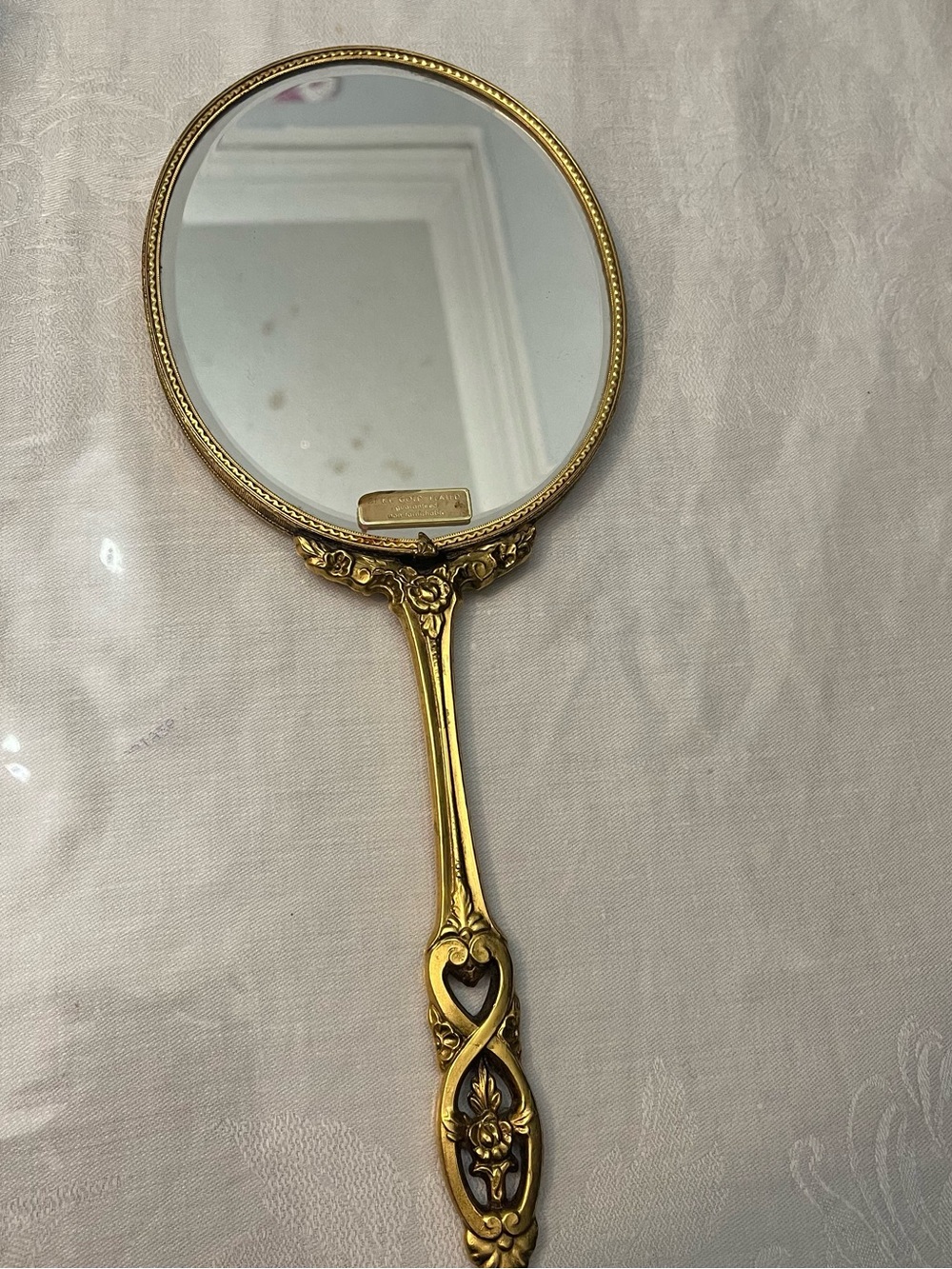 VTG 24K GOLD PLATED GLOBE VANITY HAND HELD MIRROR Floral